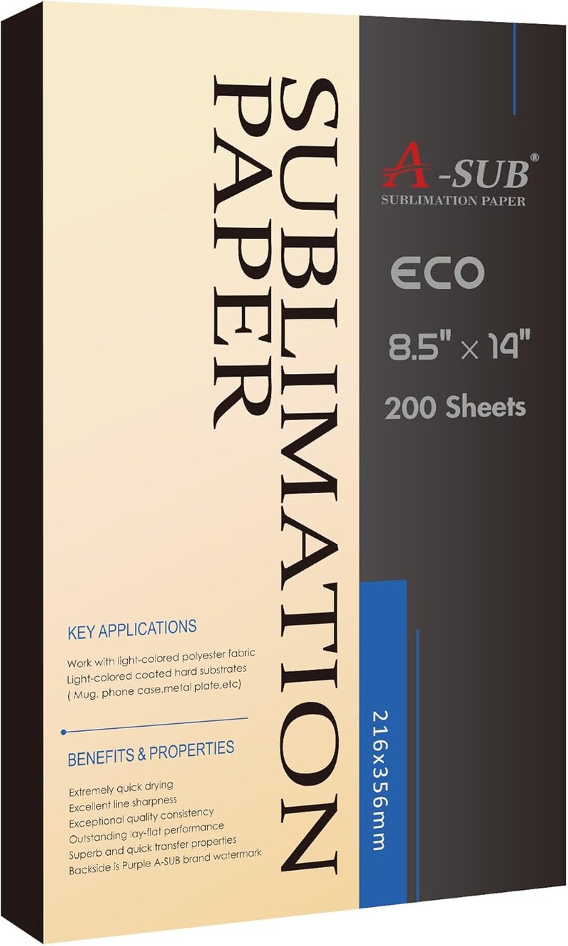 A-SUB Sublimation Paper 8.5x14 Inch-200 Sheets Heat Transfer Paper for Light Colored Fabric and Other Blanks, Works with Inkjet Printer and Sublimation Ink 125g - Image 1